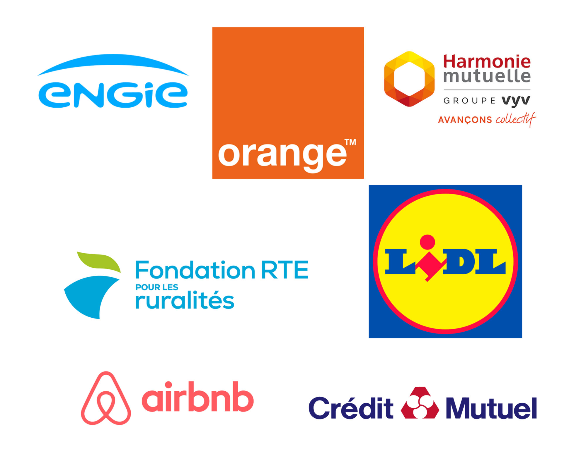 logos des mecenes rural mouv, engie, lidl, airbnb, fondation rte pour les ruralités, credit mutuel, orange, harmonie mutuelle
